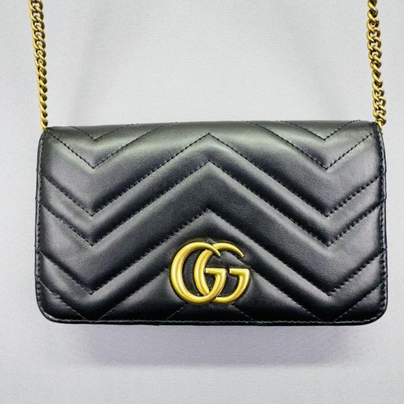 Gucci Marmont Wallet on Chain Black Leather Heart Detail Crossbody Bag - Picture 1 of 8